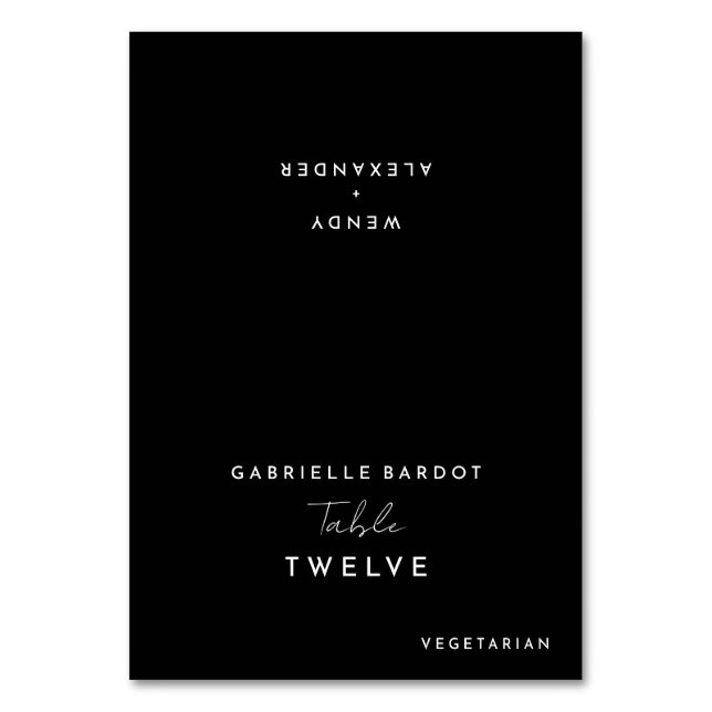 Black Modern Script Wedding Foldable Place Card (Front)