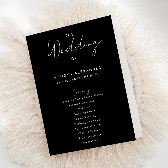 Black Modern Script Wedding Folded Program (Creator Uploaded)