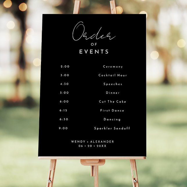Black Modern Script Wedding Order Of Events Sign (Creator Uploaded)