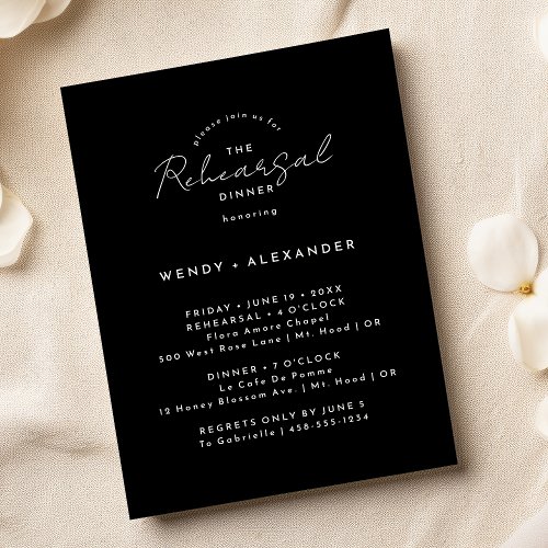 Black Modern Script Wedding Rehearsal Dinner Invitation