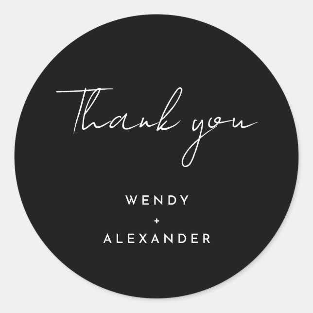 Black Modern Script Wedding Thank You Classic Round Sticker (Front)