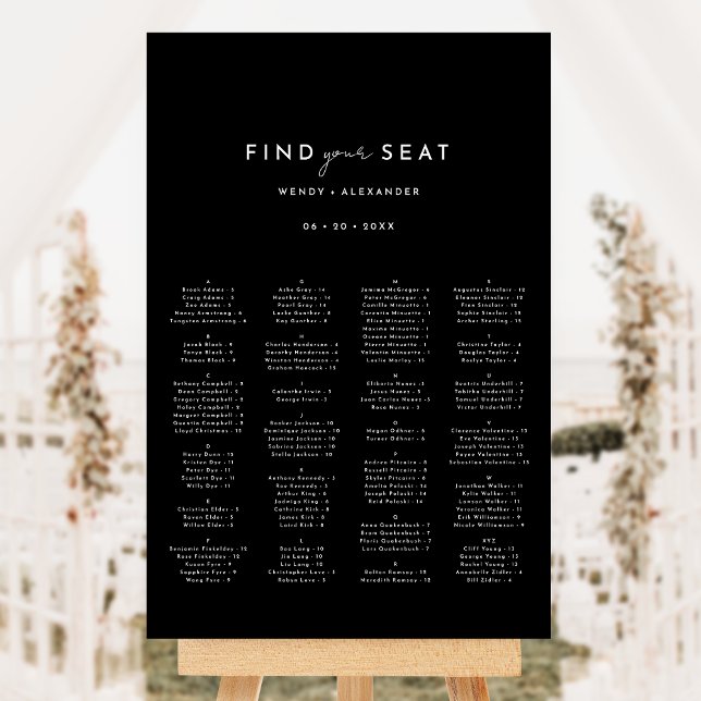 Black Modern Script Wedding Vertical Seating Chart Foam Board (Creator Uploaded)