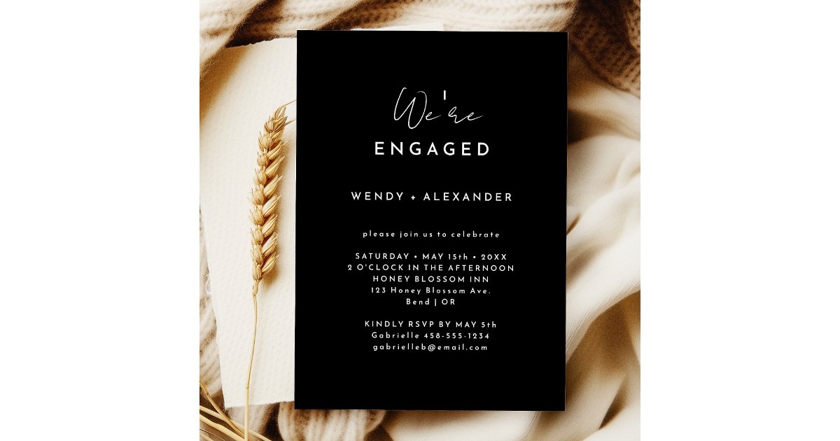 Engaged Word Script Black Modern Script We're Engaged Engagement Party Invitation | Zazzle