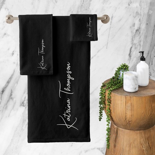 Black Modern Signature Script Monogram  Bath Towel Set