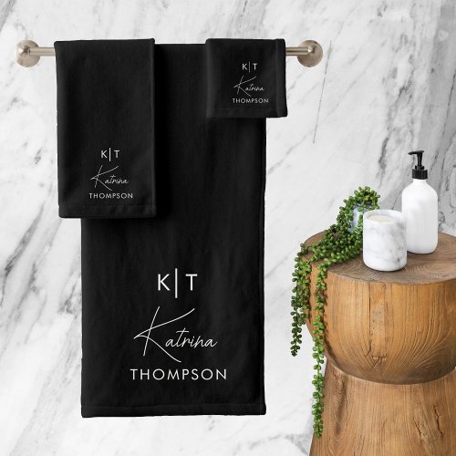 Black Modern Signature Script Monogram Bath Towel Set