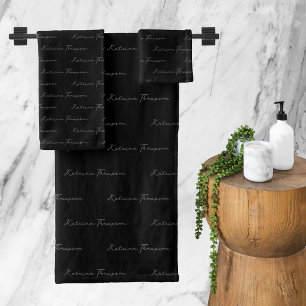 Black Modern Signature Script Monogram Pattern Bath Towel Set