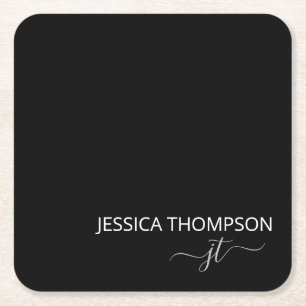 Black Modern Simple Elegant Monogram Name Square Paper Coaster
