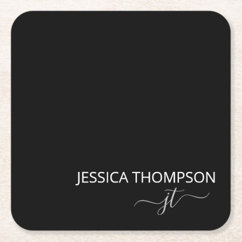 Black Modern Simple Elegant Monogram Name  Square Paper Coaster