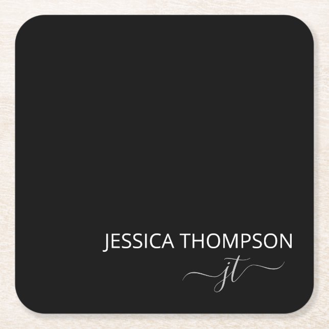 Black Modern Simple Elegant Monogram Name  Square Paper Coaster (Front)