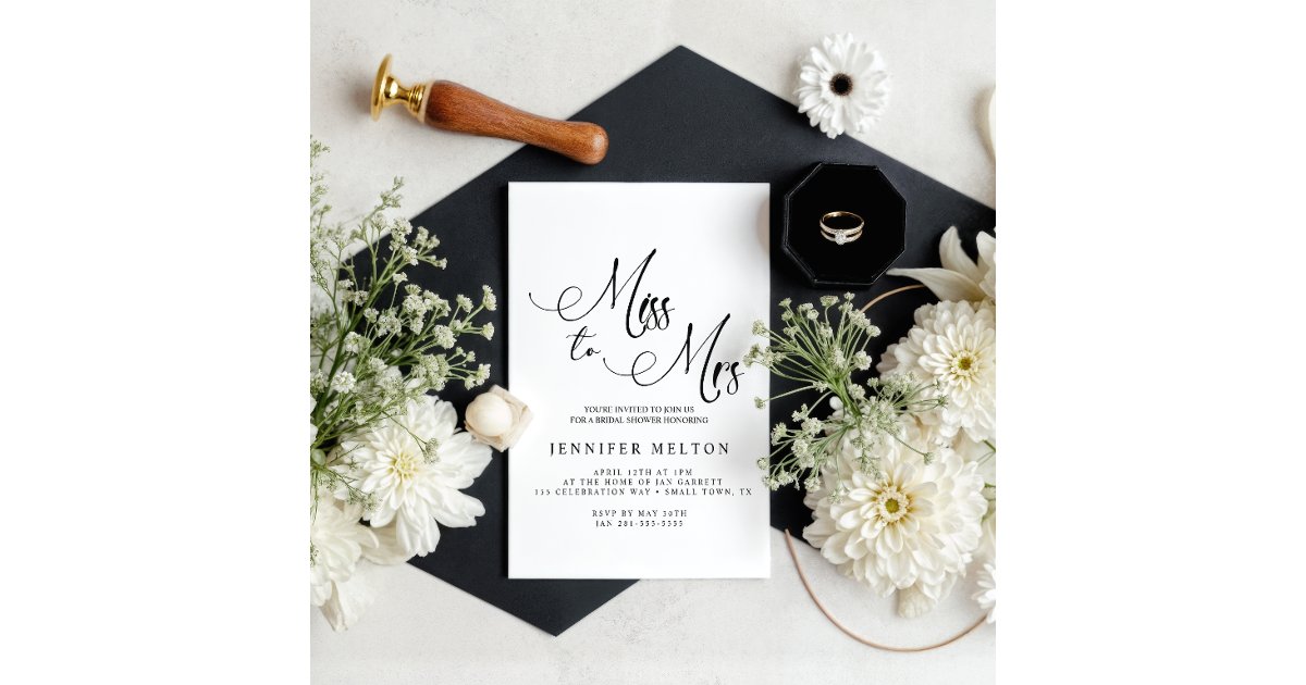 Simple Miss Black Modern Simple Miss to Mrs Bridal Shower Invitation | Zazzle