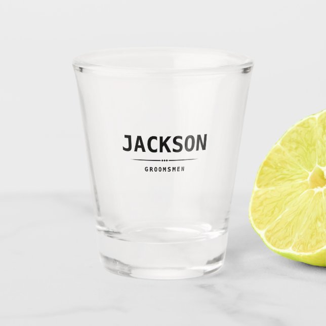 Black Modern Simple Name Personalized Groomsmen Shot Glass (Front)
