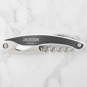 Black Modern Simple Name Personalized Groomsmen Waiter's Corkscrew