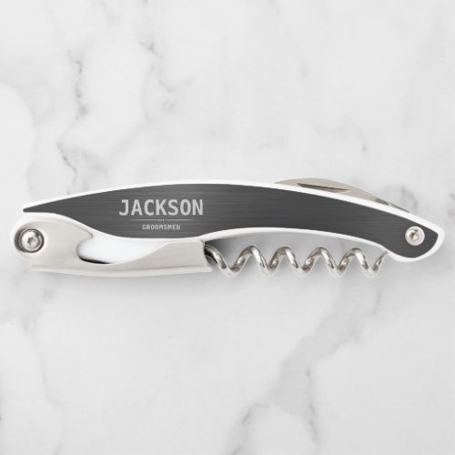 Black Modern Simple Name Personalized Groomsmen Waiters Corkscrew