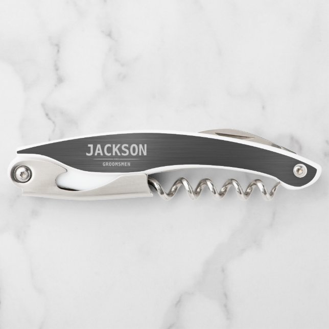 Black Modern Simple Name Personalized Groomsmen Waiter's Corkscrew (Front)