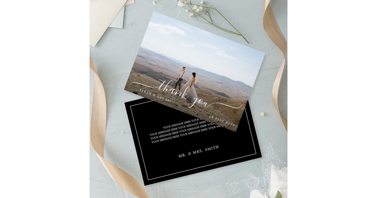 Black Modern Simple Photo Script Wedding Thank You Card | Zazzle