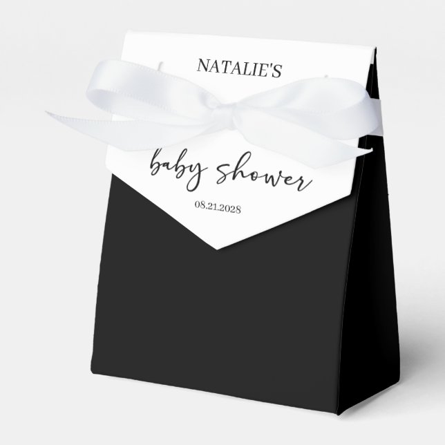 Black Modern Simple Script Baby Shower Favor Boxes (Front Side)