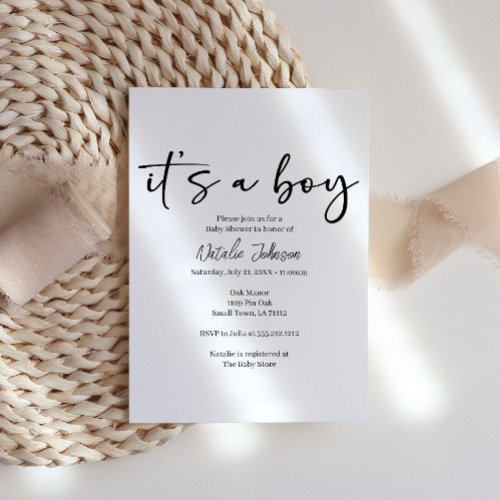 Black Modern Simple Script Boy Baby Shower