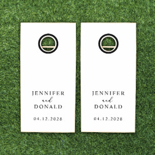 Black Modern Simple Script Wedding Monogram Cornhole Set