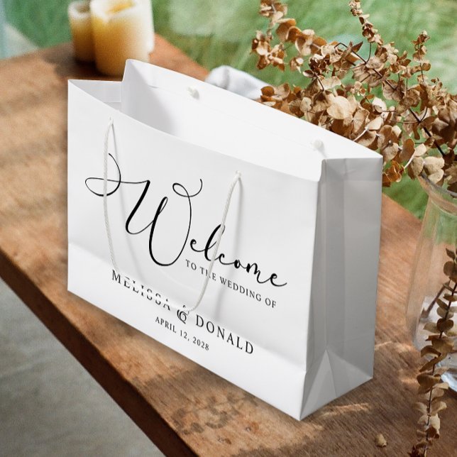 Black Modern Simple Script Welcome Wedding Large Gift Bag (Creator Uploaded)
