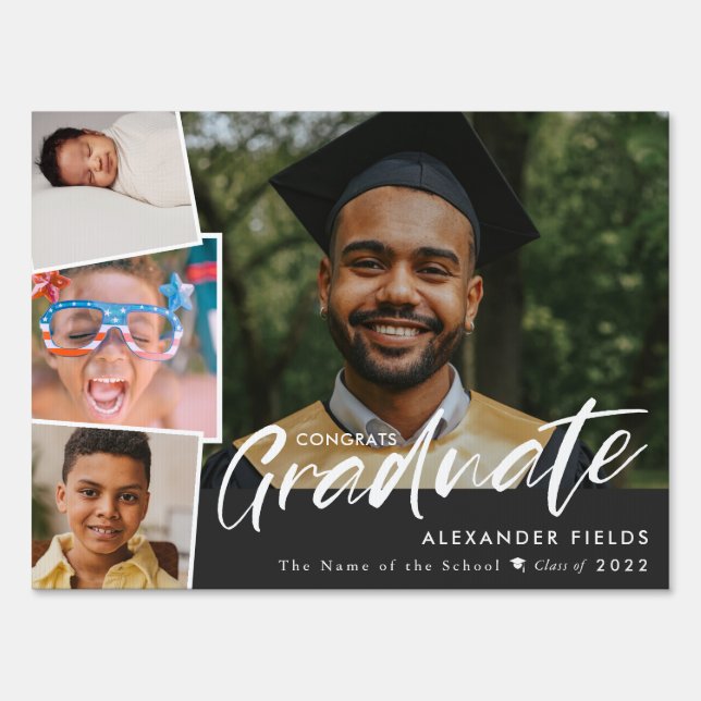 Black Modern Snapshot Collage Graduation Sign (Front)