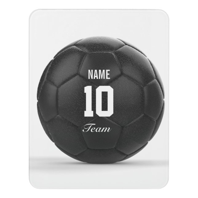 Black Modern Soccer Ball Personalized Text Door Sign (Contemporary Vert)