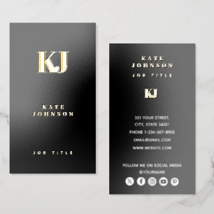 Black Modern Solid Monogram Initials Gold Metallic Foil Business Cards