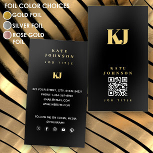 Black Modern Solid Monogram Initials QR Code Gold Foil Business Cards