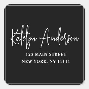 Black Modern Square Return Address Label