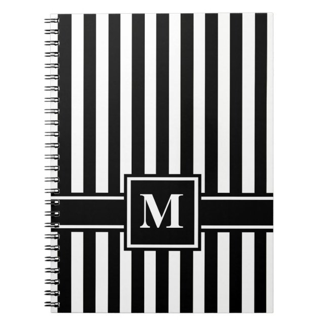 Black Modern Stripe with Monogram Notebook (Front)
