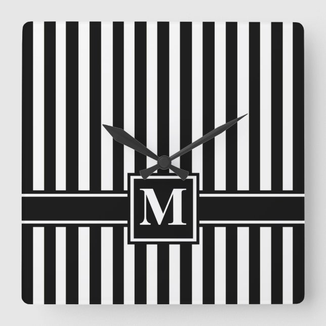 Black Modern Stripe with Monogram Square Wall Clock (Front)