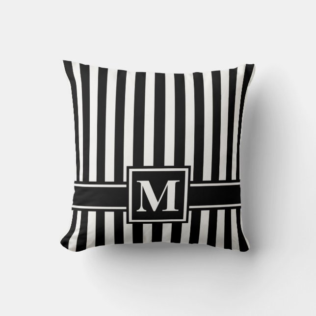 Black Modern Stripe with Monogram Throw Pillow (Front)