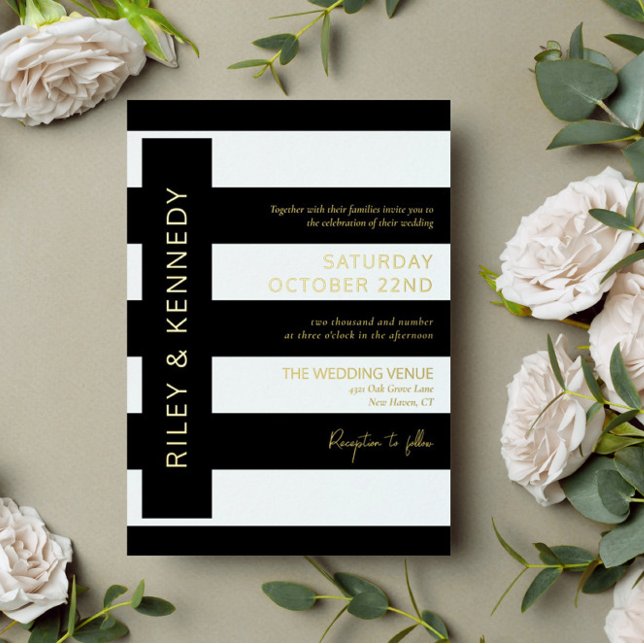 Black Modern Stripes Gold Foil Typography Wedding Foil Invitation (Creator Uploaded)