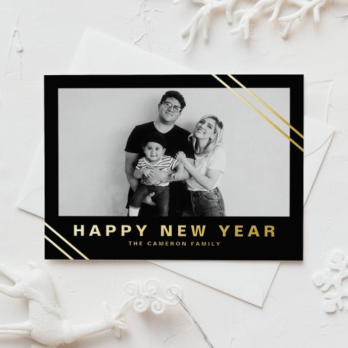 Black Modern Stripes Photo Happy New Year Foil Holiday Card