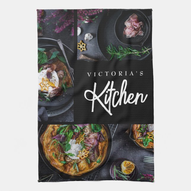 Black Modern Stylish Typography Custom Photo  Kitchen Towel (Vertical)