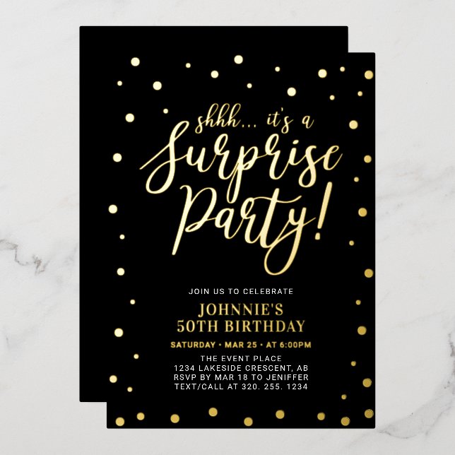 Black Modern Surprise Adult Birthday Party Foil Invitation (Front/Back)