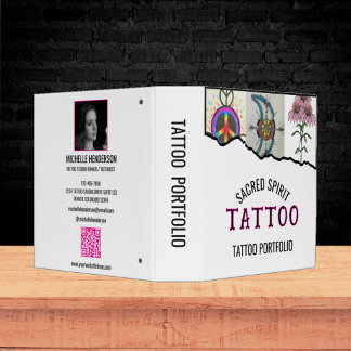 Black Modern Text 4 Photo QR Code Tattoo Portfolio 3 Ring Binder