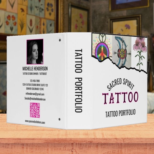 Black Modern Text 4 Photo QR Code Tattoo Portfolio 3 Ring Binder (Creator Uploaded)