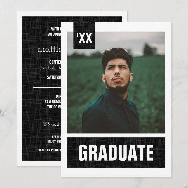 Black Modern Textured Photo Graduation Invitation (Front/Back)