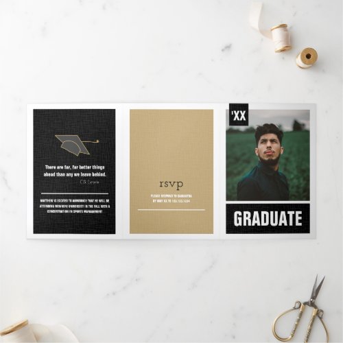 Black Modern Textured Photo Graduation Tri_Fold Invitation