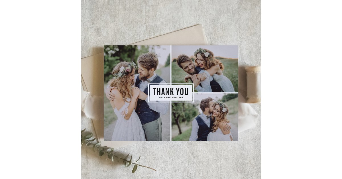 Black Modern Three Photo Collage Wedding Thank You Card | Zazzle