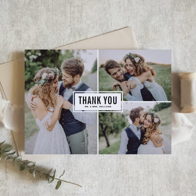 Black Modern Three Photo Collage Wedding Thank You Card (Creator Uploaded)