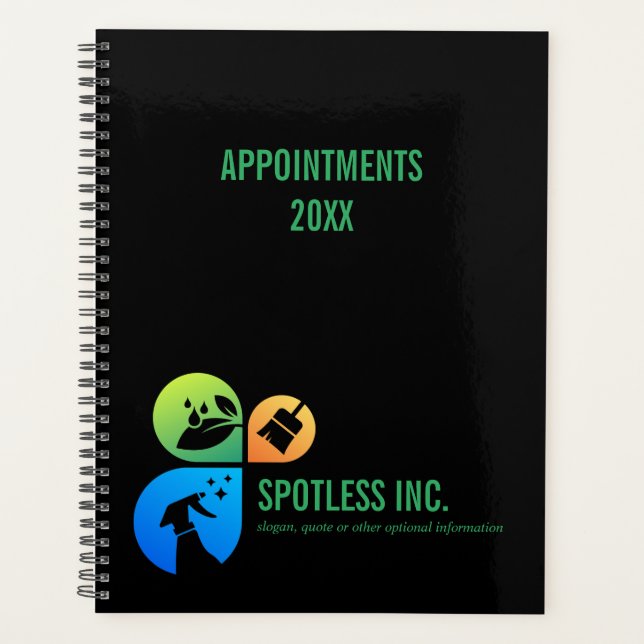 Black Modern Trendy Cleaning services logo Planner (Front)