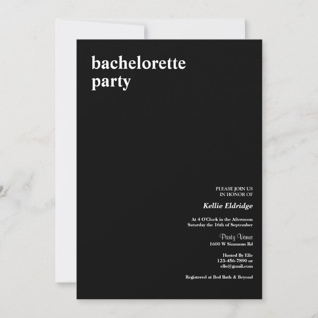 Black Modern Type Bachelorette Party Invitation (Front)