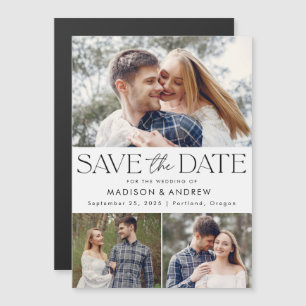 Black Modern Typography 3 Photo Save the Date Magnetic Invitation