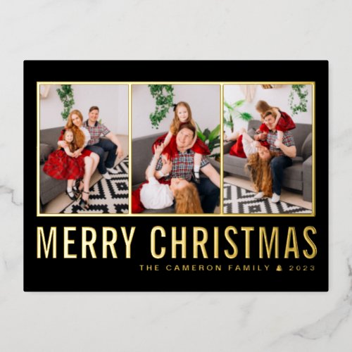 Black Modern Typography Photo Collage Christmas Foil Holiday Postcard