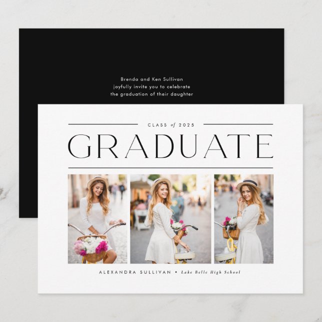 Black Modern Typography Photo Collage Graduation Invitation (Front/Back)