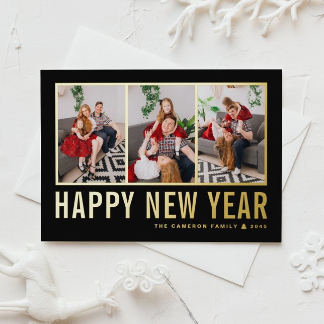 Black Modern Typography Photo Collage New Year Foil Holiday Card (Send new year cheer with this customizable gold foil three-photo-collage Happy New Year Card. )