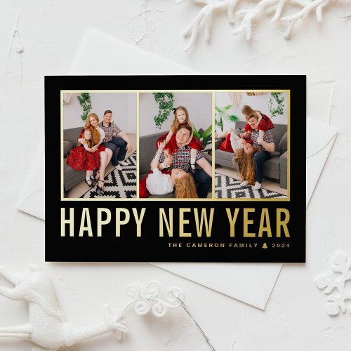 Black Modern Typography Photo Collage New Year Foil Holiday Card