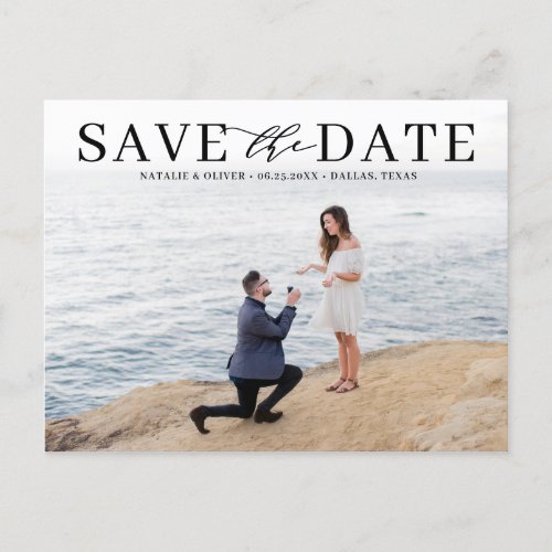 Black Modern Typography Photo Save the Date Announcement Postcard
