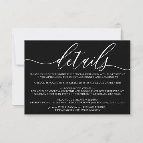 Black Modern Wedding Accommodation Details RSVP Card